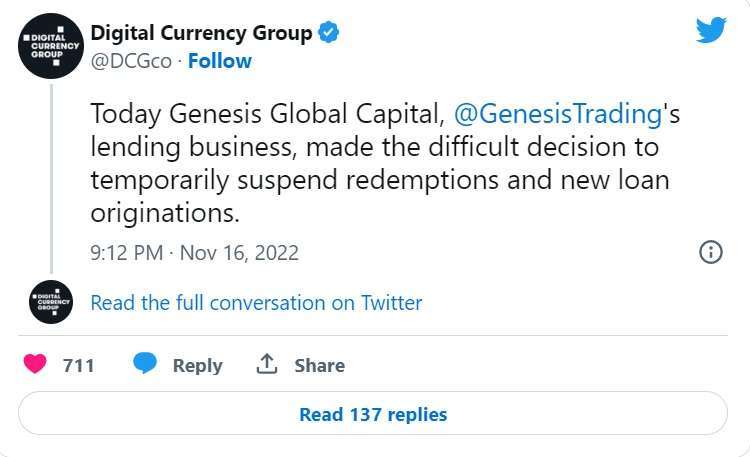 Genesis母公司宣布暫停贖回的消息，取自推特