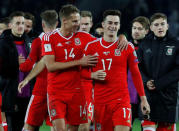 Soccer Football - 2018 World Cup Qualifications - Europe - Georgia vs Wales - Boris Paichadze Dinamo Arena, Tbilisi, Georgia - October 6, 2017 Wales' Tom Lawrence celebrates with David Edwards after the match Action Images via Reuters/Peter Cziborra