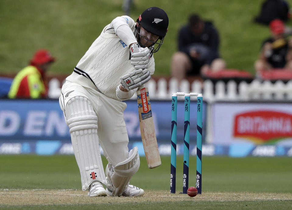 New Zealand's Henry Nicholls bats during play on day three of the first cricket test between New Zealand and Sri Lanka in Wellington, New Zealand, Monday, Dec. 17, 2018. (AP Photo/Mark Baker )