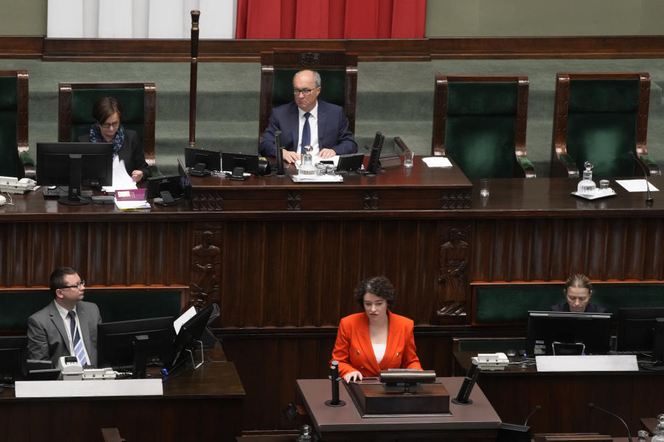 Anna Maria Żukowska, a left-wing lawmaker, presents to parliament a proposal for liberalizing the Polish abortion law in Warsaw, Poland, on Thursday April 11, 2024. The traditionally Catholic nation has one of the most restrictive laws in Europe — but the reality is that many women terminate pregnancies at home with pills mailed from abroad. (AP Photo/Czarek Sokolowski)