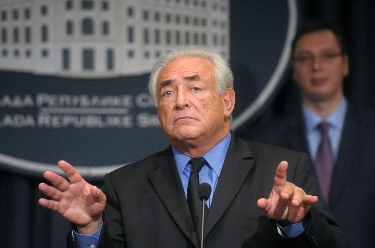 Dominique Strauss-Kahn at a news conference in Belgrade on September 17, 2013 after agreeing to advise the Serbian government