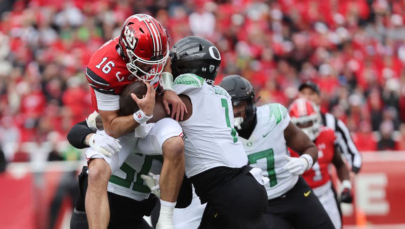 Utah Utes quarterback Bryson Barnes (16) runs against the Oregon Ducks in Salt Lake City on Saturday, Oct. 28, 2023.