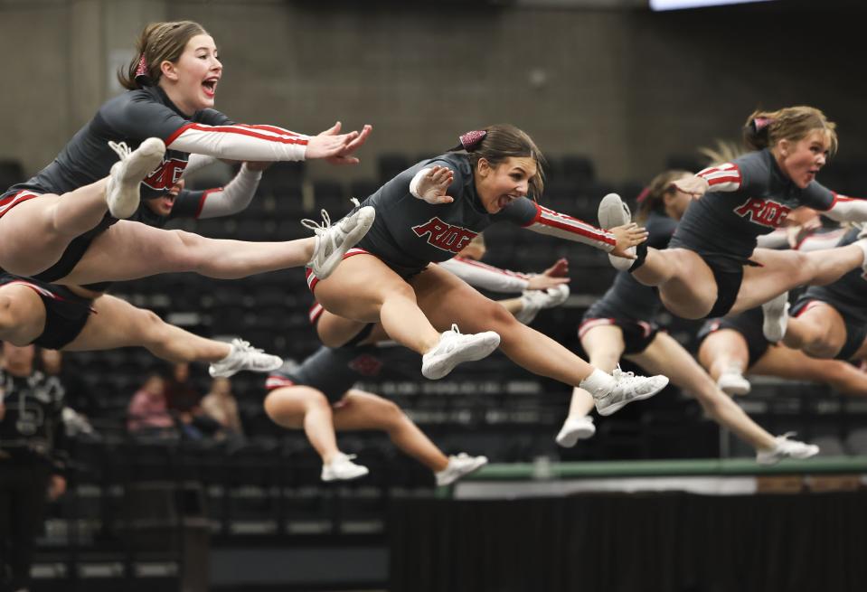 Mountain Ridge High School competes in the 6A Competitive Cheer Tournament at the UCCU Center at Utah Valley University in Orem on Thursday, Jan. 25, 2023. | Laura Seitz, Deseret News