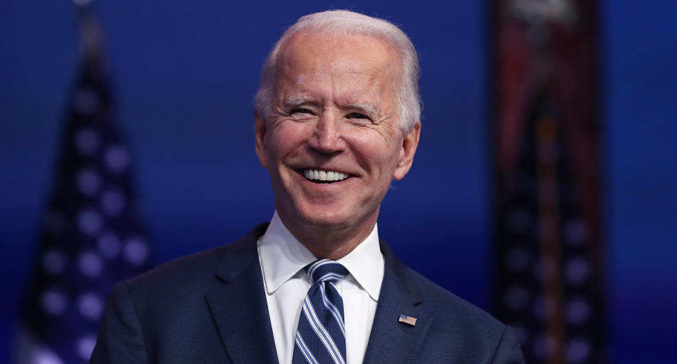 WILMINGTON, DELAWARE - NOVEMBER 10: U.S. President-elect Joe Biden addresses the media about the Trump Administrationâs lawsuit to overturn the Affordable Care Act on November 10, 2020 at the Queen Theater in Wilmington, Delaware. Mr. Biden also answered questions about the process of the transition and how a Biden Administration would work with Republicans. (Photo by Joe Raedle/Getty Images)