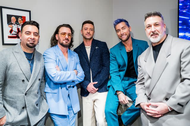 John Shearer/Getty NSYNC members Chris Kirkpatrick, JC Chasez, Justin Timberlake, Lance Bass, and Joey Fatone backstage at the 2023 MTV VMAs