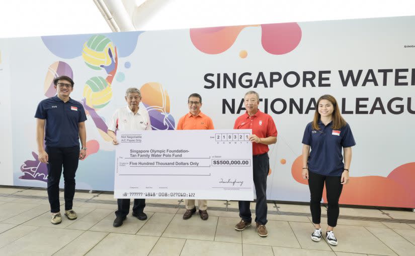 (From left) Men's national water polo team captain Lee Kai Yang, Tan Eng Liang, Edwin Tong, Ng Ser Miang and women's national team captain Koh Ting Ting at the launch of the Singapore Olympic Foundation-Tan Family Water Polo Fund. (PHOTO: Singapore National Olympic Council)