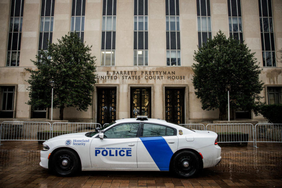 A law enforcement vehicle and barricades block an entrance to E. Barrett Prettyman U.S. Courthouse in Washington, D.C., on Jan. 9, 2024. / Credit: Samuel Corum / Getty Images