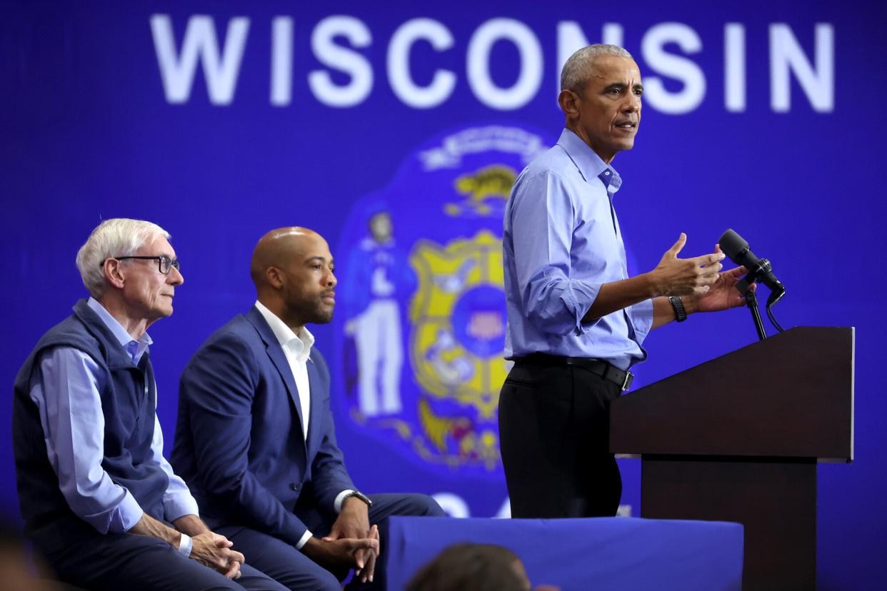 Former US President Barack Obama speaks at a rally with Wisconsin Governor Tony Evers (L) and Democratic candidate for U.S. Senate in Wisconsin Mandela Barnes on October 29, 2022 in Milwaukee, Wisconsin. Evers and Barnes, who currently serves as the state's lieutenant governor, are in the midst of close mid-term races.