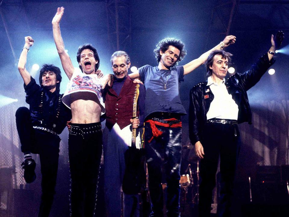 Paul Natkin/Getty  Ronnie Wood, Mick Jagger, Charlie Watts, Keith Richards and Bill Wyman of the Rolling Stones during a concert in 1989.