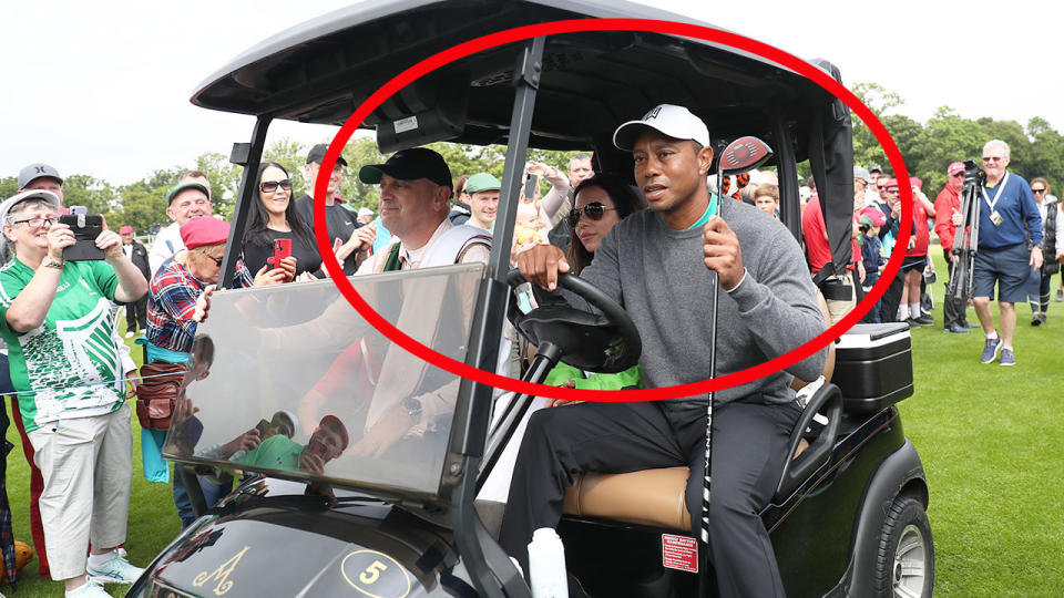 Seen here, Tiger Woods using a golf cart during a Pro-Am event in Ireland.