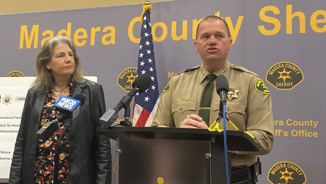 Madera County Sheriff Tyson Pogue speaks Wednesday, Nov. 2, 2022, at a news conference.