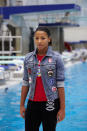 Diver Jennifer Abel poses in the t-shirt and jean jacket.