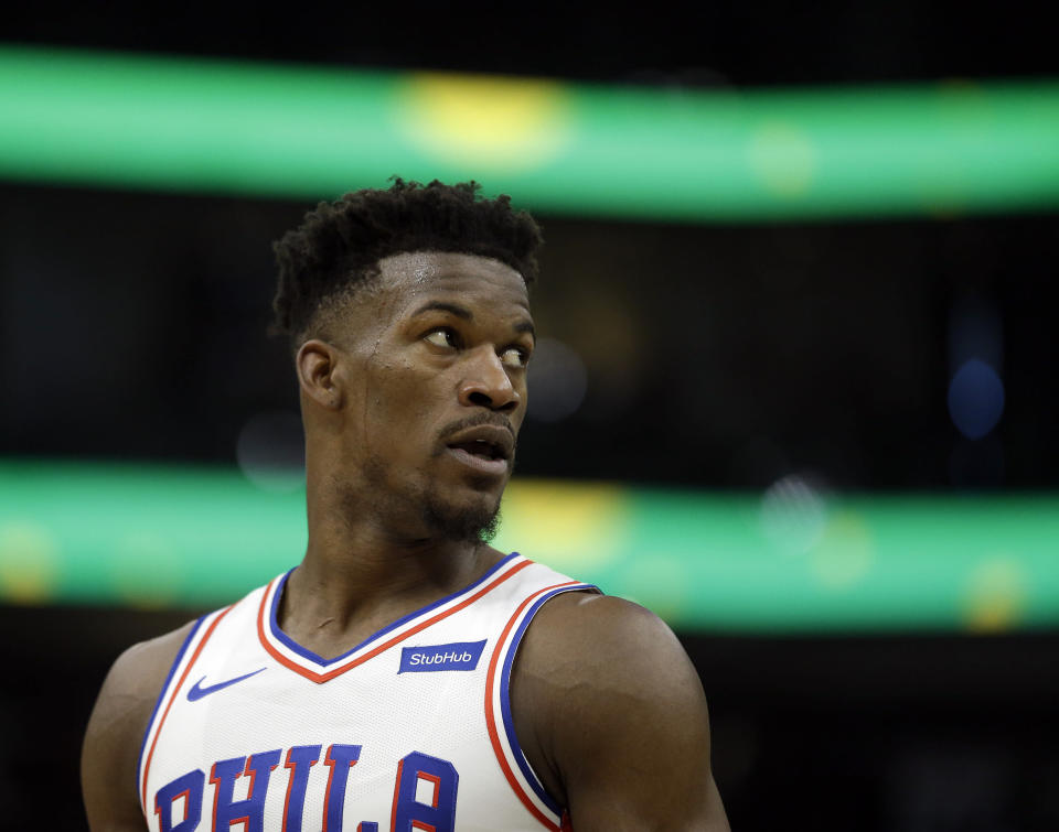 Philadelphia 76ers' Jimmy Butler during the second half of an NBA basketball game against the Milwaukee Bucks Sunday, March 17, 2019, in Milwaukee. The 76ers won 130-125. (AP Photo/Aaron Gash)