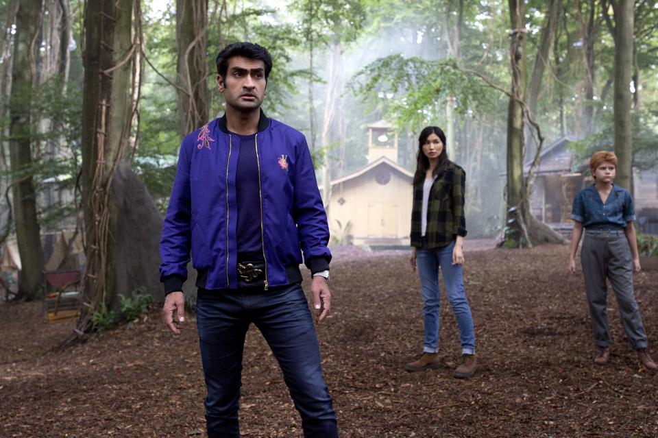 Kumail Nanjiani as Kingo, Gemma Chan as Sersi and Lia McHugh as Sprite in Eternals, directed by Chloe Zhao (PA/Marvel Studios/Sophie Mutevelian)