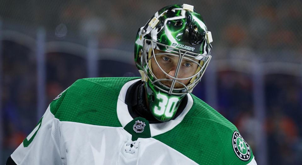 Dallas Stars' Ben Bishop looks on during the second period of an NHL hockey game against the Philadelphia Flyers, Saturday, Oct. 19, 2019, in Philadelphia. The Stars won 4-1. (AP Photo/Chris Szagola)