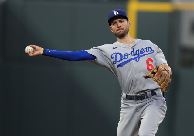 Trea Turner of the Los Angeles Dodgers looks on during a game