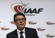 FILE - In this June 17, 2016 file photo, IAAF President Sebastian Coe speaks during a news conference after a meeting of the IAAF Council at the Grand Hotel in Vienna, Austria. Virtually every major executive and organization in the sport, including USA Track and Field, and its president, Vin Lananna, and World Athletics president Sebastian Coe, and former USATF head Craig Masback either has, or once had, some strong connection to Nike. (AP Photo/Ronald Zak, File)