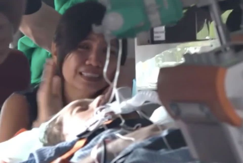 Mr Didmon's distraught wife after a simple hernia operation went wrong in Bali. Source: 7 News