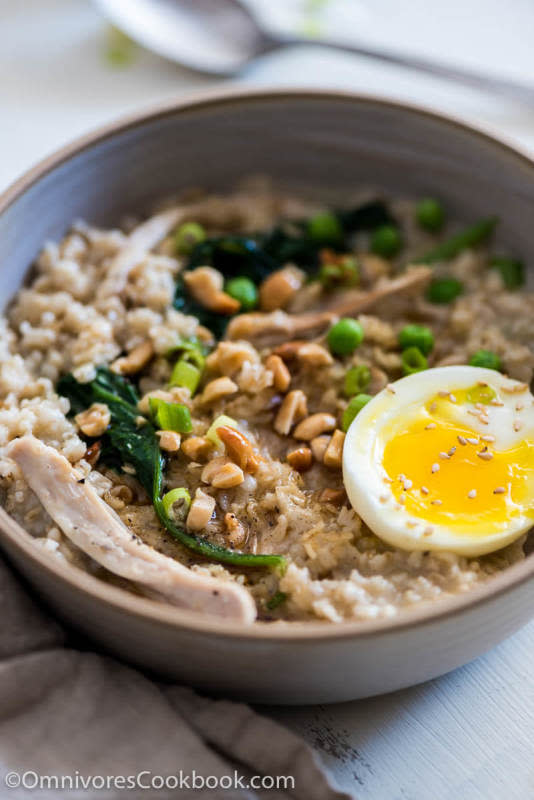 <p>Omnivore's Cookbook</p><p>This bowl is inspired by traditional Chinese congee, but the rice is swapped for oatmeal!</p><p><strong>Get the recipe:<a href="https://omnivorescookbook.com/savory-oatmeal-chicken-spinach/" rel="nofollow noopener" target="_blank" data-ylk="slk:Savory Oatmeal Bowl With Chicken and Spinach;elm:context_link;itc:0;sec:content-canvas" class="link "> Savory Oatmeal Bowl With Chicken and Spinach</a></strong></p><p><strong>Related: <a href="https://www.yahoo.com/lifestyle/42-super-simple-rice-bowl-195213982.html" data-ylk="slk:42 Stunning Rice Bowl Recipes;elm:context_link;itc:0;sec:content-canvas;outcm:mb_qualified_link;_E:mb_qualified_link;ct:story;" class="link  yahoo-link">42 Stunning Rice Bowl Recipes</a></strong></p>