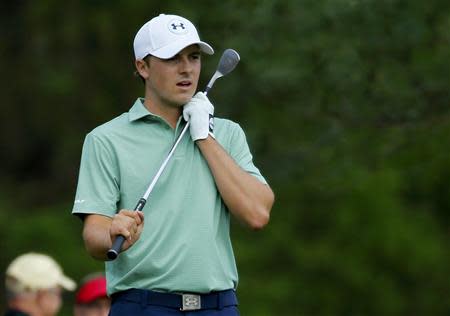 U.S. golfer Jordan Spieth reacts after his tee shot on the eighth hole during the final round of the Masters golf tournament at the Augusta National Golf Club in Augusta, Georgia April 13, 2014. REUTERS/Mike Blake