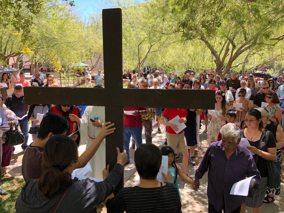 Hundreds gather for Good Friday at St. Mary's Roman Catholic Basilica in downtown Phoenix on April 19, 2019.