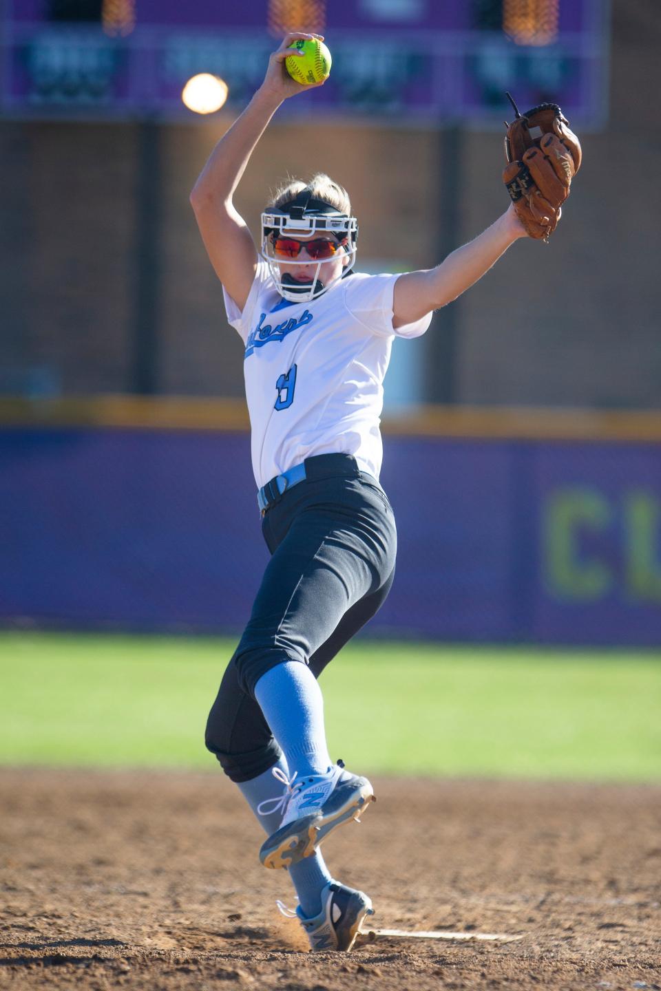 Saint Joseph's Berkley Zache pitches during the Clay vs. Saint Joseph softball game at Clay High School.