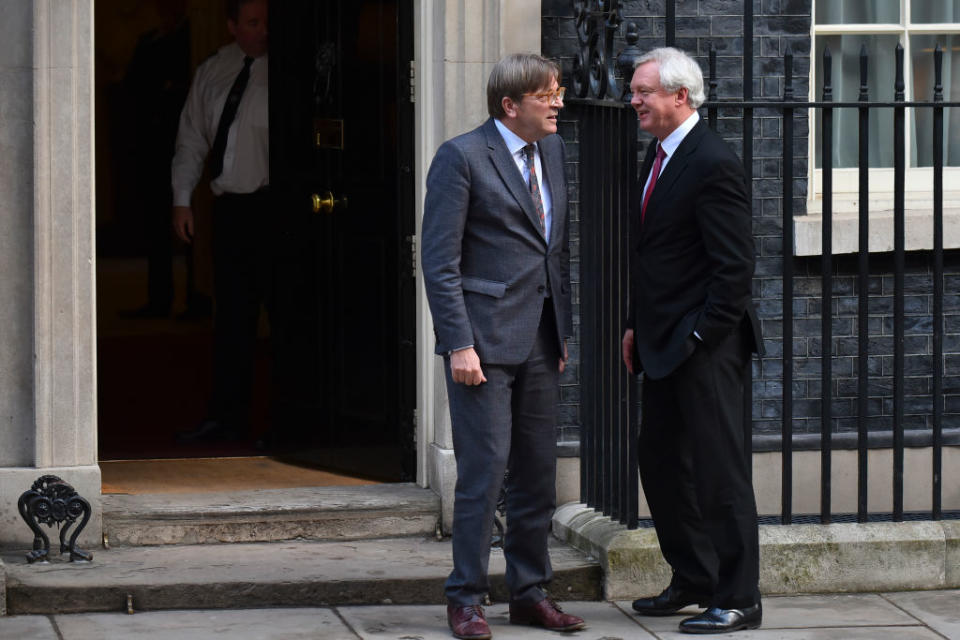 Guy Verhofstadt Member of the European Parliament (L) and Brexit minister David Davis arrive at Downing Street to attend a meeting with Brexit staff. (Getty)