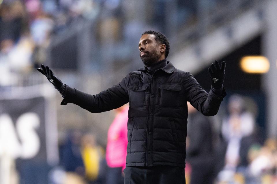 Crew coach Wilfried Nancy reacts to a play against Philadelphia.