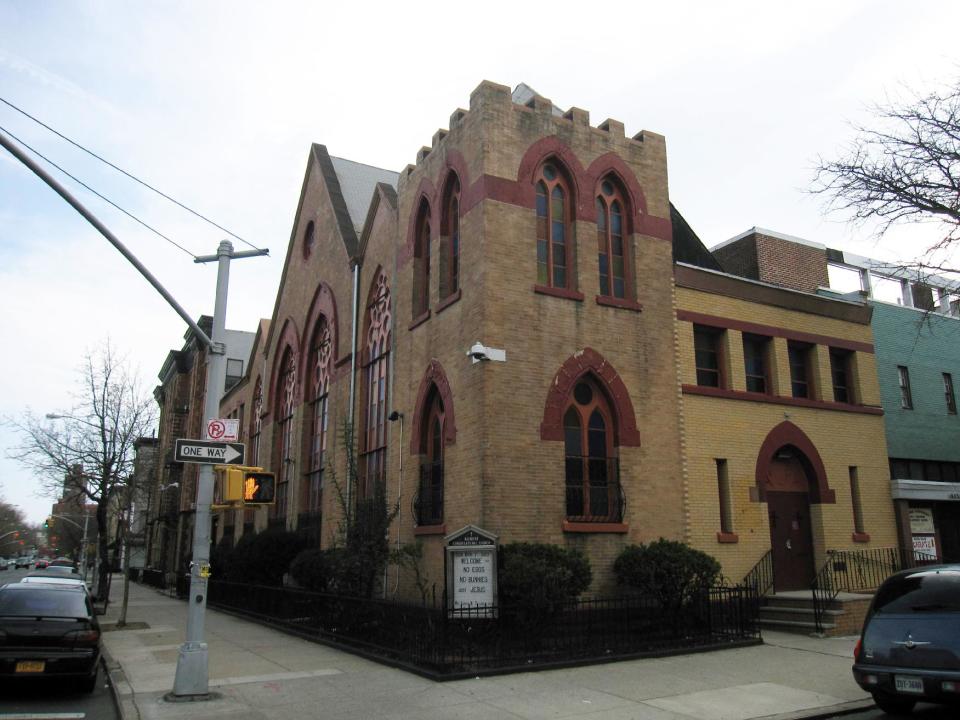 This April 7, 2013 image shows the Nazarene Congregational Church in Bedford-Stuyvesant, Brooklyn. Baseball great Jackie Robinson was close to the church’s assistant pastor, the Rev. Lacy Covington, and at one time Robinson, whose son struggled with drug addiction, made a speech in the church warning against the scourge of drugs. Robinson lived nearby for a time after joining the Brooklyn Dodgers, becoming the first African-American to play for a Major League Baseball team, a story that is told in a new movie, “42.” (AP Photo/Beth J. Harpaz)