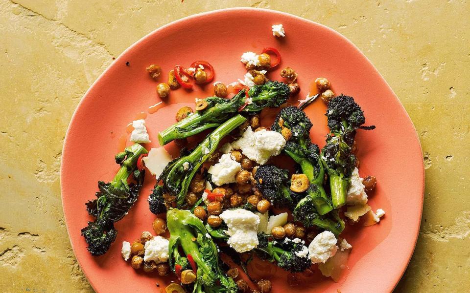 Garlicky chickpeas with roast purple-sprouting broccoli, chilli and ricotta - Haarala Hamilton and Valerie 