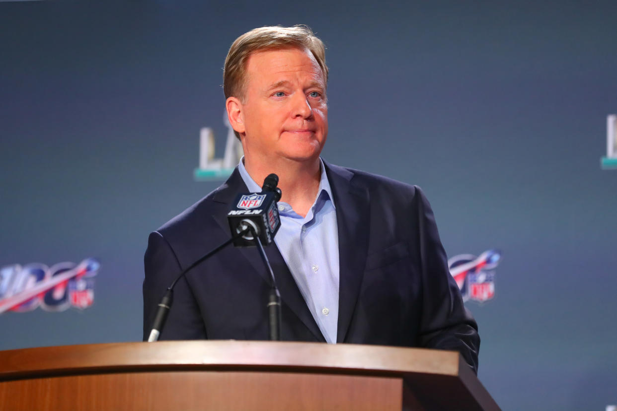 MIAMI, FL - JANUARY 29:  NFL Commissioner Roger Goodell speaks during the Commissioners  press conference on January 29, 2020 at the Hilton Downtown in Miami, FL. Photo taken with an iphone 11 Pro.  (Photo by Rich Graessle/PPI/Icon Sportswire via Getty Images)