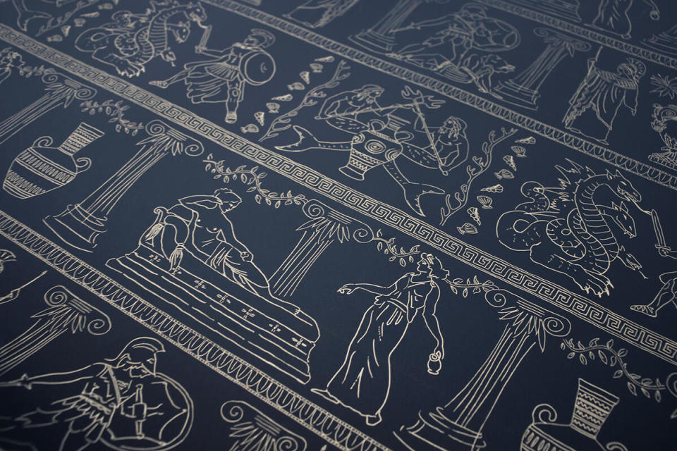 Named after the princess of Troy, Melinda Marquardt’s Hesione wallcovering in Midnight depicts the classic Greek tale of her kidnapping at the hands of Poseidon and her rescue by Hercules, who battles a fearsome sea creature to save her 
