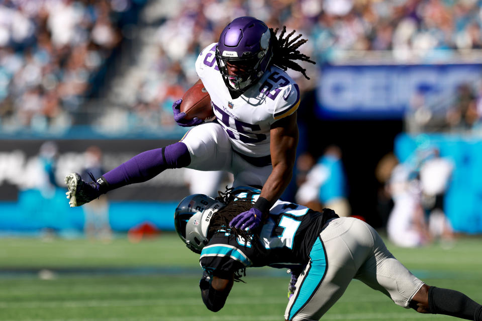 Alexander Mattison and the Minnesota Vikings got past the Carolina Panthers in overtime. (Photo by Grant Halverson/Getty Images)