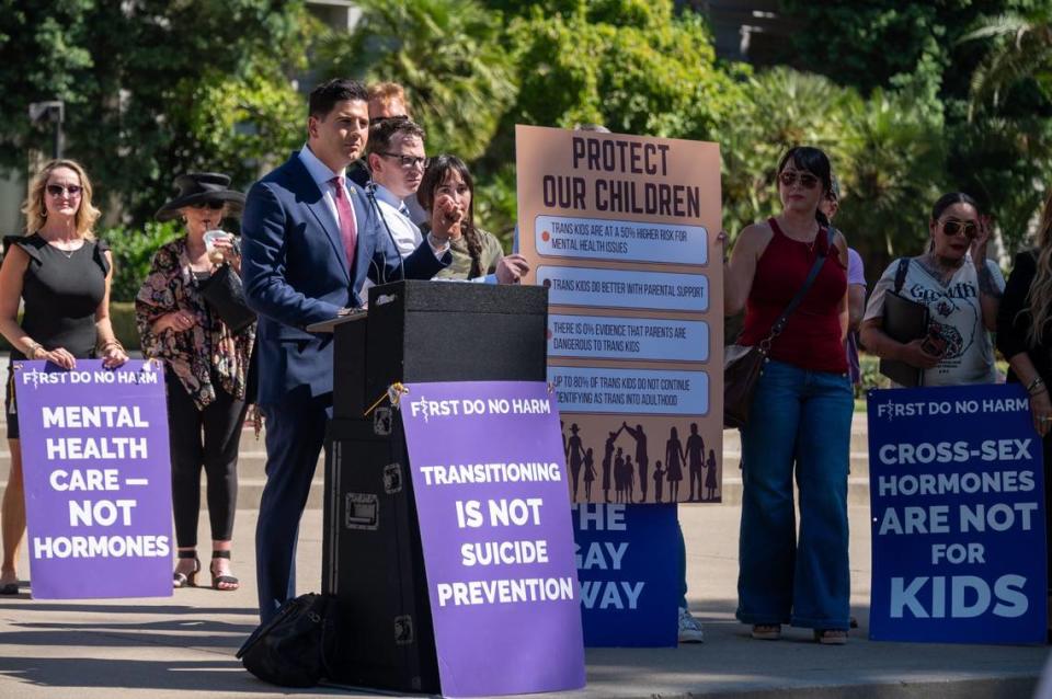 Assemblyman Bill Essayli, R-Riverside, speaks Monday, Aug. 28, 2023, at the California Capitol about three initiatives proposed for the fall 2024 ballot that would limit the rights of transgender youth.  The initiatives would force schools to notify parents if their child uses a different name or pronouns, bar transgender girls from participating in girls' sports programs and deny transgender minors access to gender-affirming medical treatments.