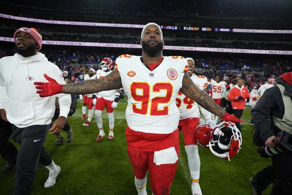 Kansas City Chiefs defensive end Neil Farrell (92) celebrates after winning the AFC Championship NFL football game against the Baltimore Ravens, Sunday, Jan. 28, 2024, in Baltimore. (AP Photo/Matt Slocum)