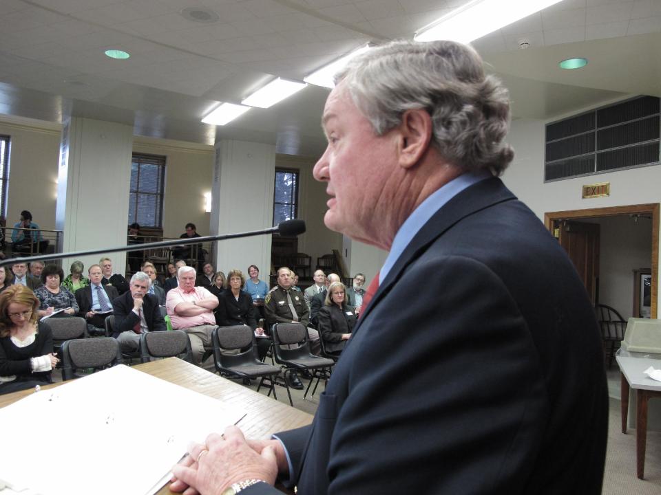 North Dakota Gov. Jack Dalrymple speaks on Monday, April 16, 2012, to a group of North Dakota state agency administrators in the Brynhild Haugland Room of the North Dakota Capitol in Bismarck, N.D., about the guidelines they should follow in drafting budgets for the 2013-15 biennium. Dalrymple asked the agency directors to prepare budgets without increasing their current spending levels, and to identify possible 3 percent reductions. (AP Photo/Dale Wetzel)