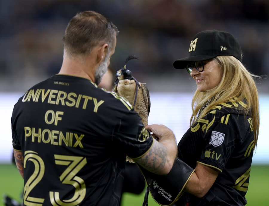 LOS ANGELES, CALIFORNIA – DECEMBER 02: Actress Connie Britton prepares for falcon flight before the game between the Houston Dynamo and the Los Angeles FC during the Western Conference Final at BMO Stadium on December 02, 2023 in Los Angeles, California. (Photo by Harry How/Getty Images)