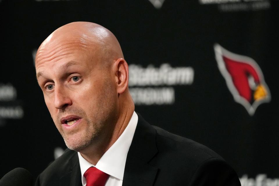 Monti Ossenfort, new general manager of the Arizona Cardinals NFL football team, speaks during a news conference in Tempe, Ariz., Tuesday, Jan. 17, 2023. (AP Photo/Ross D. Franklin)