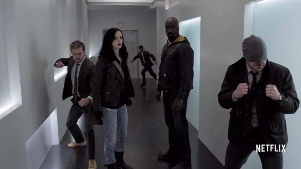 Daredevil (Charlie Cox), Luke Cage (Mike Colter), Jessica Jones (Krysten Ritter) and Iron Fist (Finn Jones) take on the Hand in The Defenders (2017)