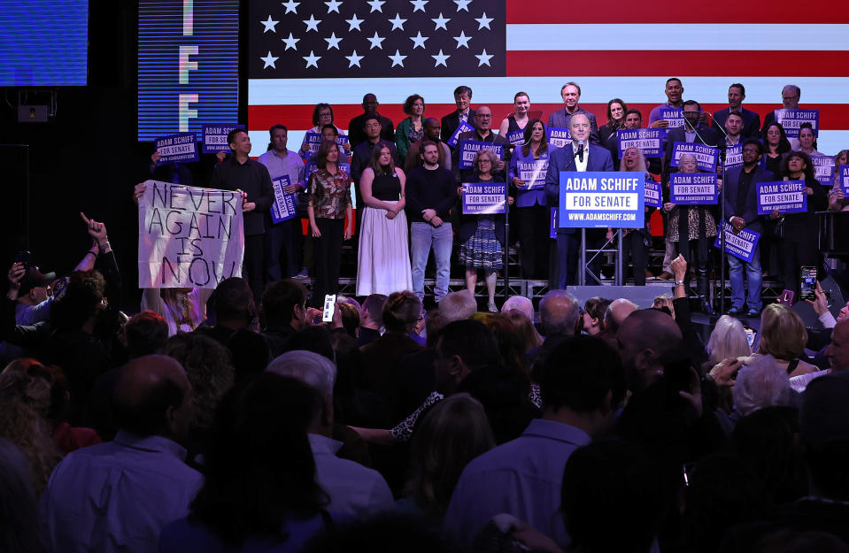 Protesters disrupt Democratic Senate candidate U.S. Rep. Adam Schiff (D-CA) as he speaks during his primary election night partty at The Avalon in LA // Credit: Getty