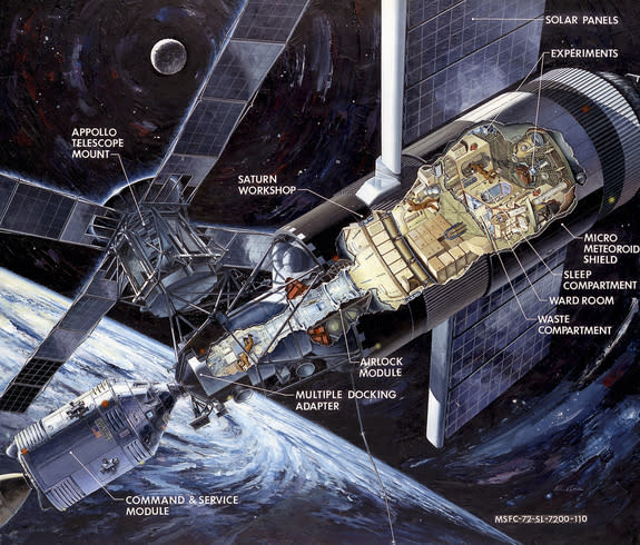 This illustration of Skylab shows the Apollo capsule, which was launched on a Saturn 1B rocket to ferry crews to space, docked to the multiple docking adapter, which was designed and built at NASA's Marshall Space Flight Center in Huntsville, A