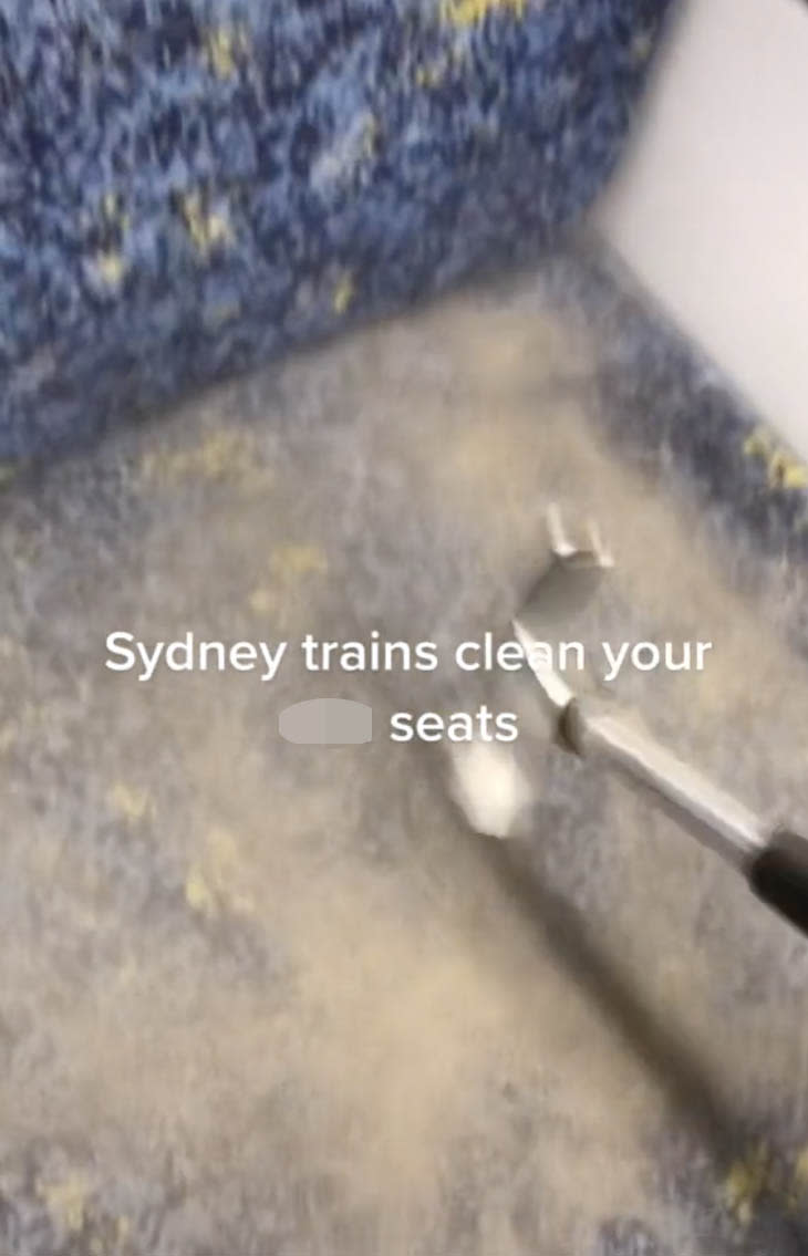Dust covering the train seat while a hammer hits it in the TikTok video.