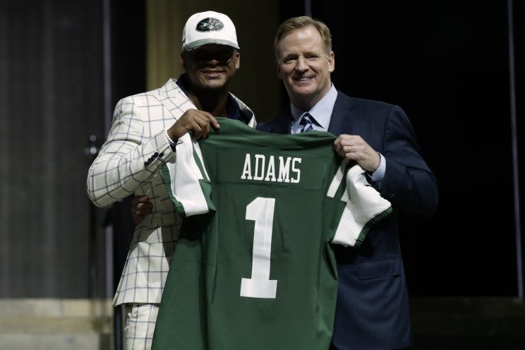 Roger Goodell and Jamal Adams after the Jets picked Adams in the first round of the 2017 draft. (AP)