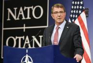 US defense minister Ashton Carter speaks at NATO Headquarters in Brussels on October 8, 2015