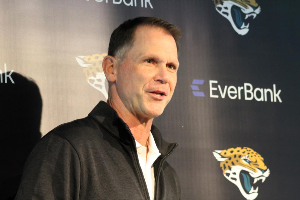 Jacksonville Jaguars general manager Trent Baalke talks with reporters on Thursday from the Miller Electric Center.