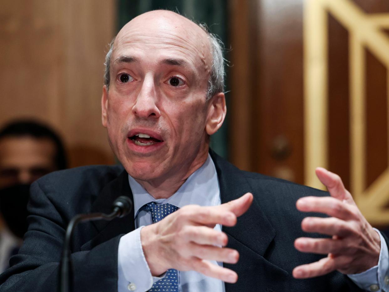 Securities and Exchange Commission, Chairman Gary Gensler speaks and gestures with his hands, during a Senate Banking, Housing, and Urban Affairs Committee hearing on "Oversight of the U.S. Securities and Exchange Commission" on Tuesday, Sept. 14, 2021, in Washington.