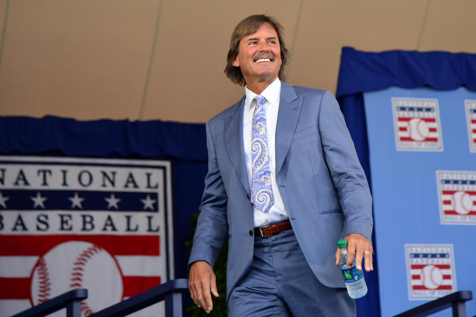 COOPERSTOWN, NY - JULY 26: Hall of Famer Dennis Eckersley takes the stage during the Induction Ceremony at National Baseball of Hall of Fame on July 26, 2015 in Cooperstown, New York. (Photo by Jennifer Stewart/Arizona Diamondbacks/Getty Images)