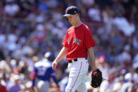 Boston Red Sox's Ryan Weber steps off the mound after giving up runs to the Toronto Blue Jays in the fourth inning of a baseball game, Sunday, June 13, 2021, in Boston. (AP Photo/Steven Senne)