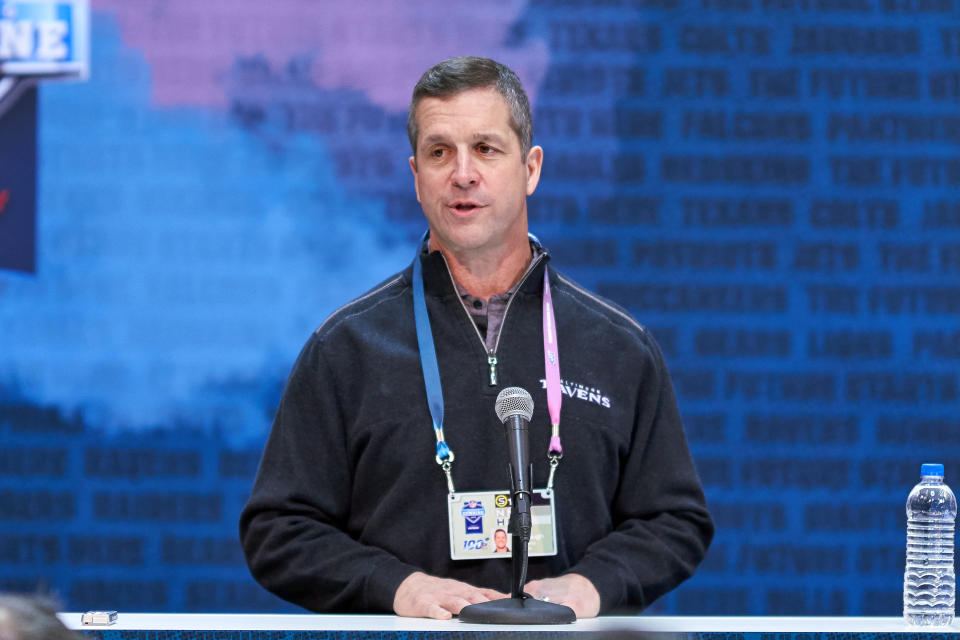 Baltimore Ravens head coach John Harbaugh defended Baltimore on Monday. (Getty Images)