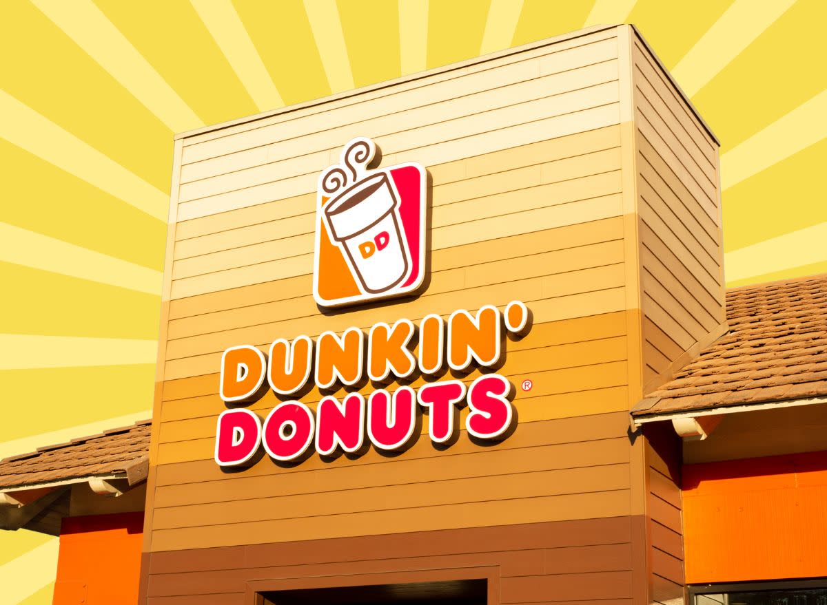 dunkin' storefront on a designed yellow background